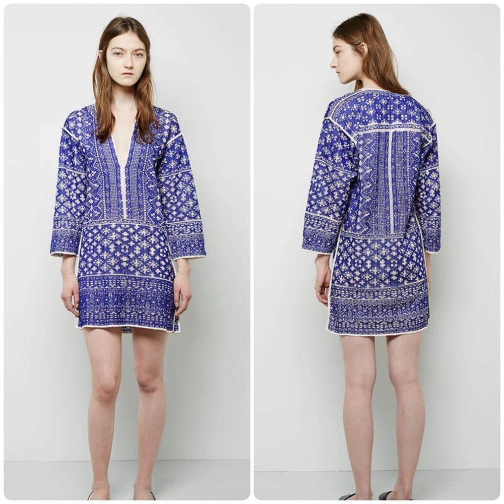 Isabel Marant Toile Bloom Embroidered Cotton Tunic Dress In Blue White Sz M